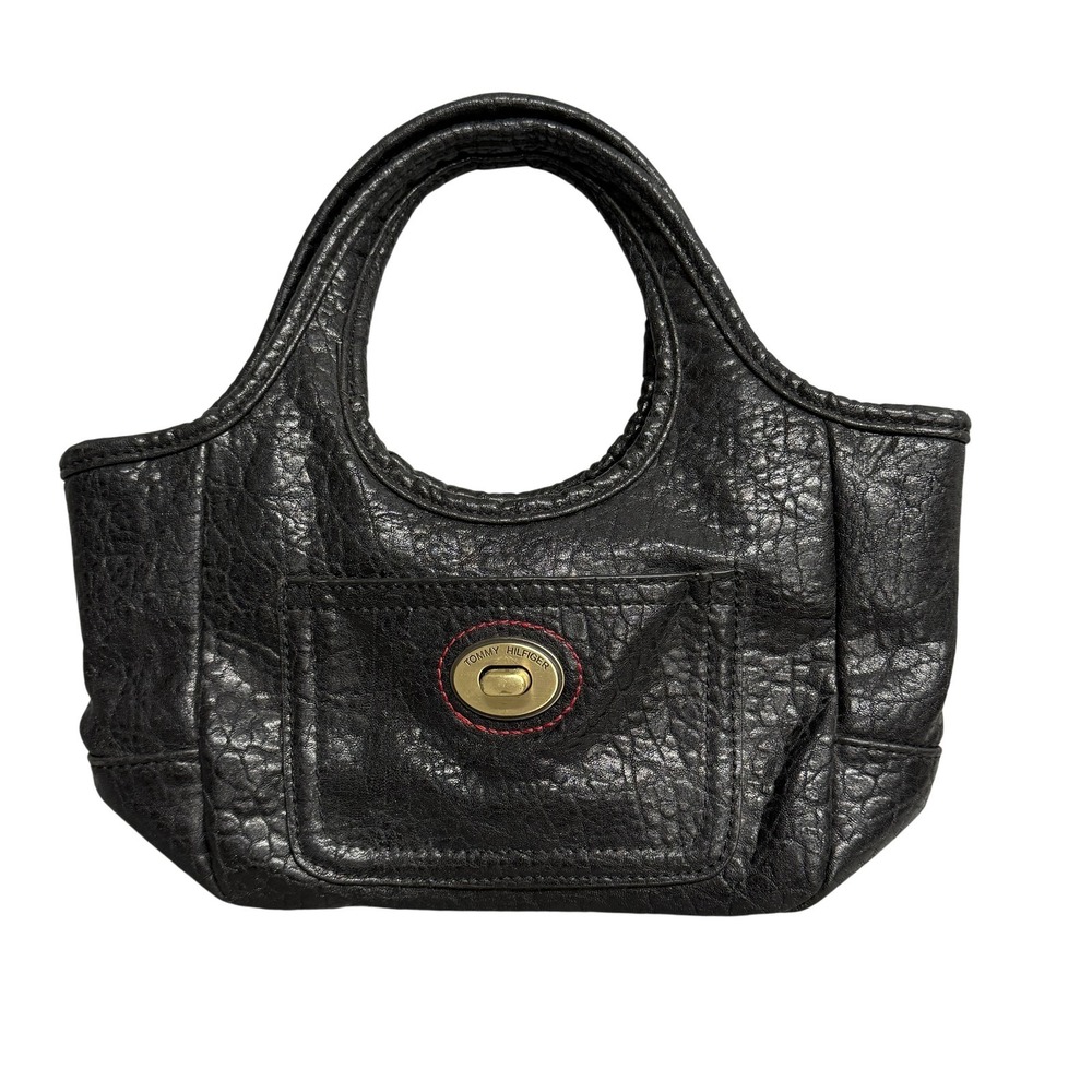 Tommy Hilfiger Handbag Womens Black Pebbled Satchel Top Handle Turn Lock Pocket
